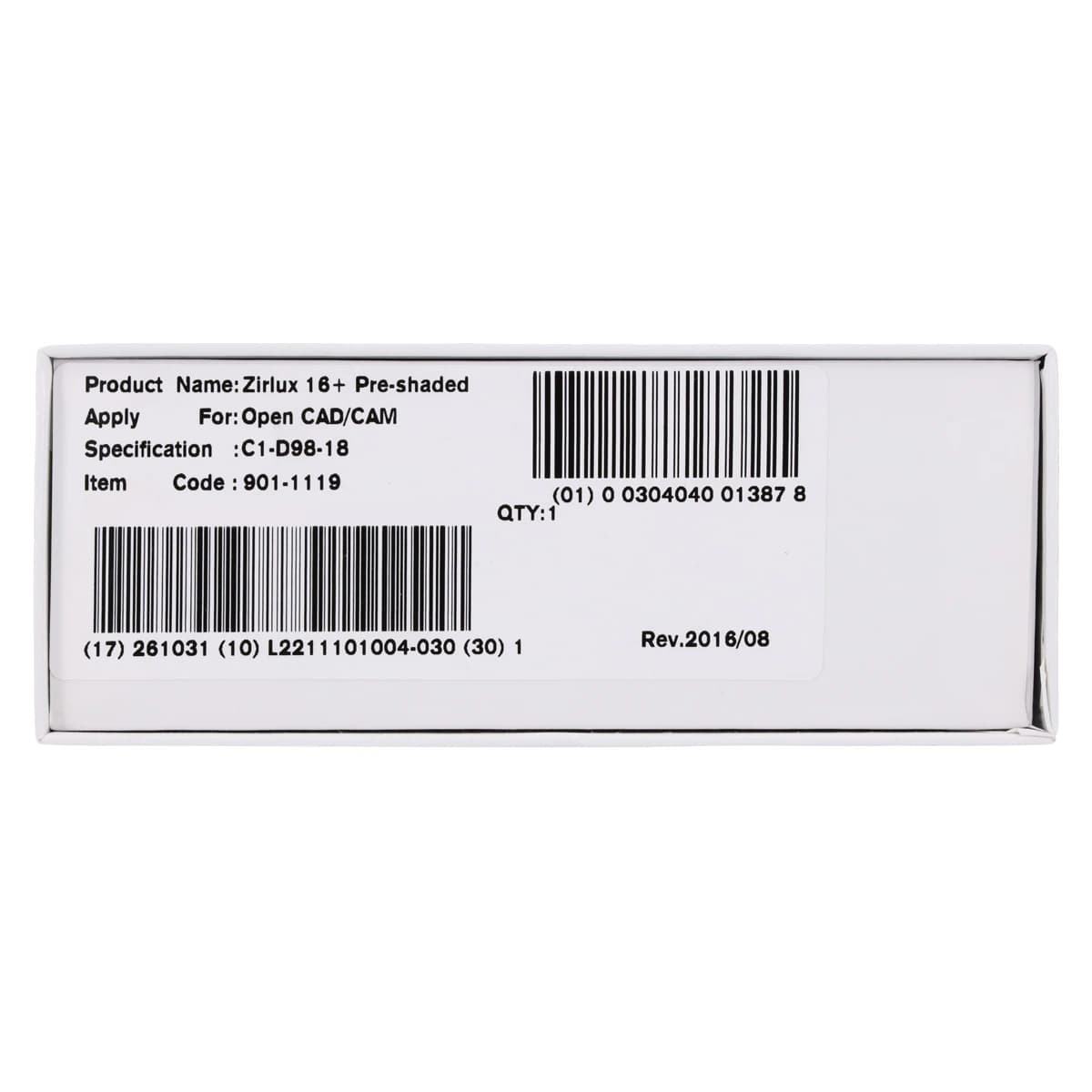 Zirlux 16+ Zirconia Disc C1, 98x18mm, Each - Zirlux 16+ C1 - Image 1