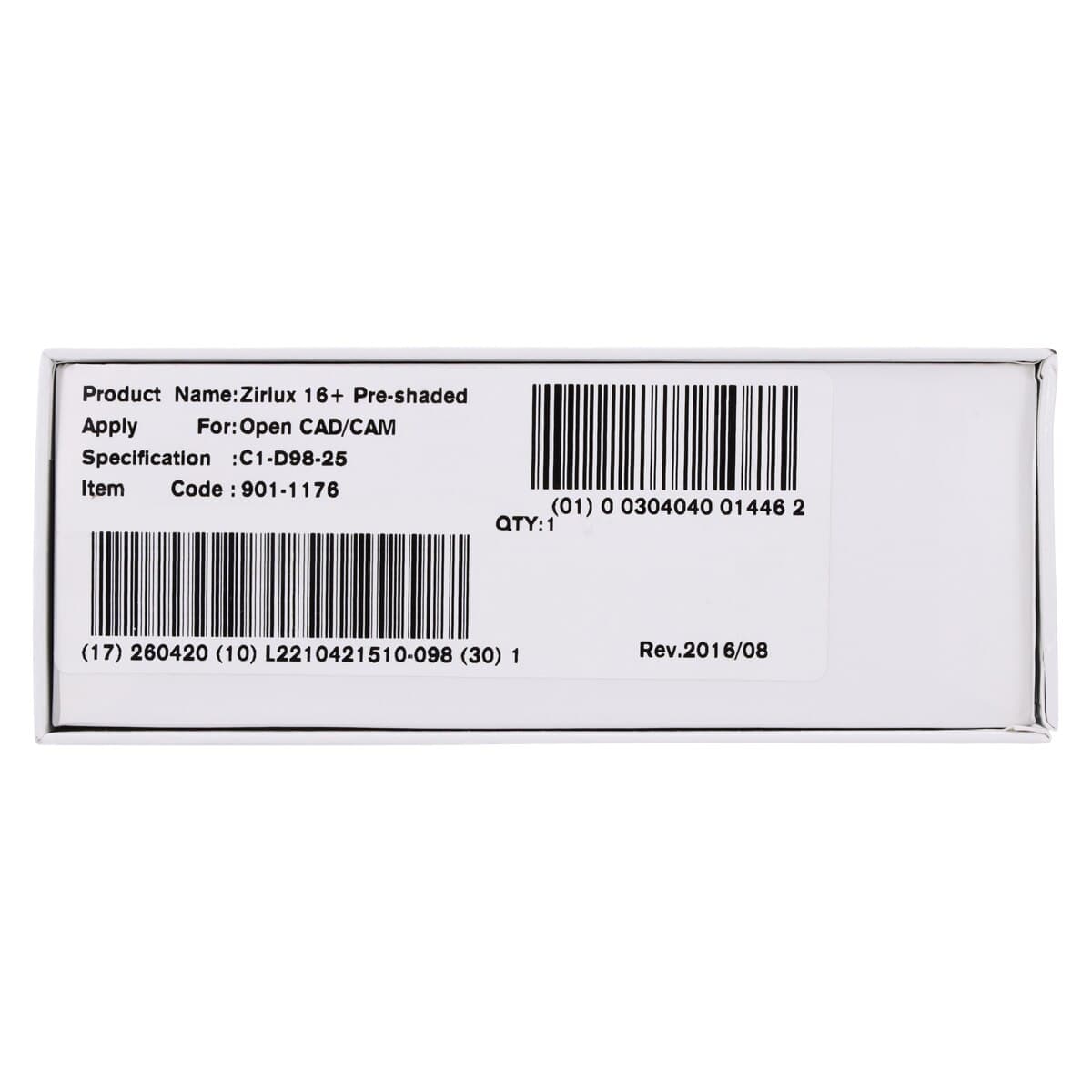 Zirlux 16+ Zirconia Disc C1, 98x25mm, Each - Zirlux 16+ C1 - Image 1