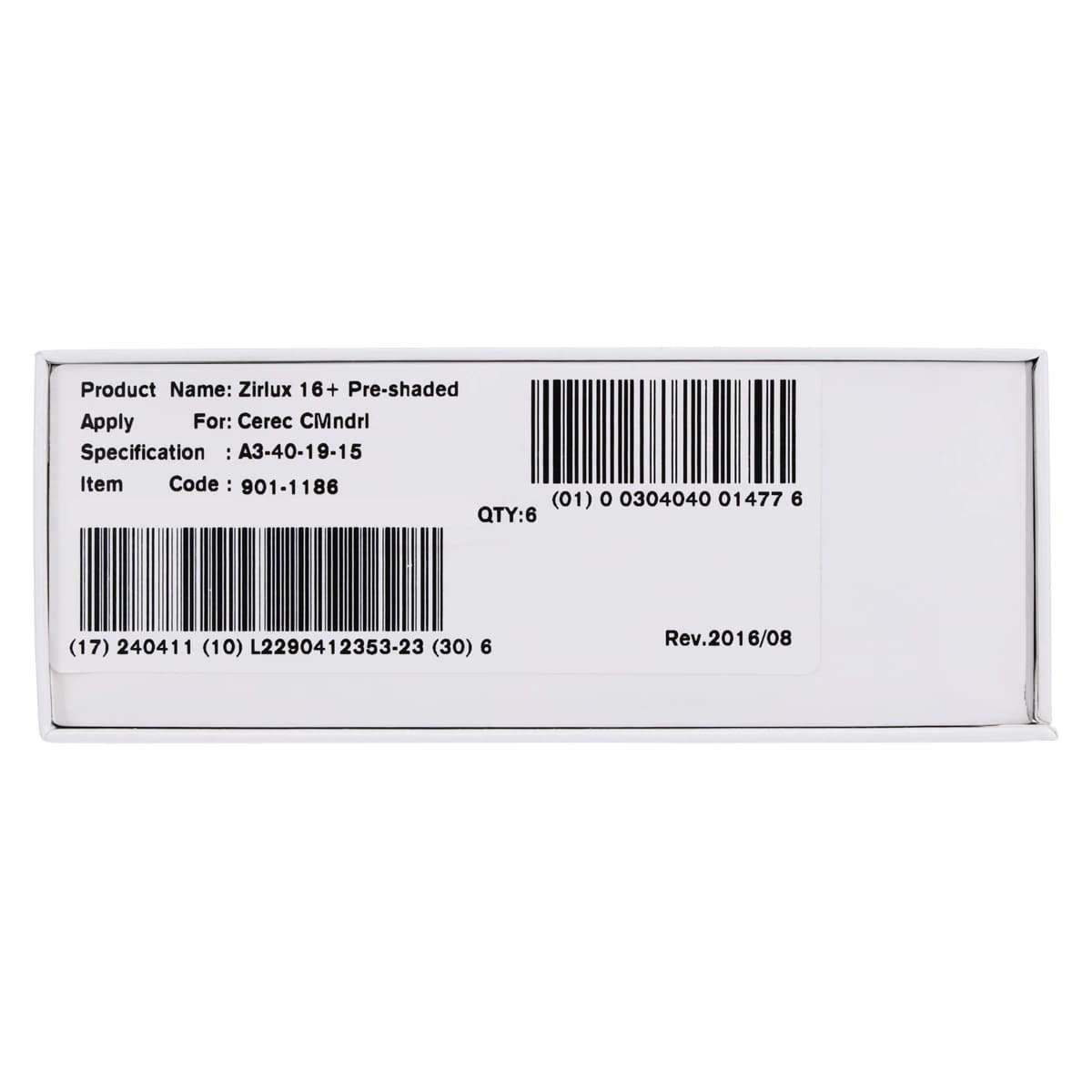 Zirlux 16+ Zirconia Block A3 40x19x15mm, 6/Package - Zirlux 16+ A3 40x19x15 - Image 1