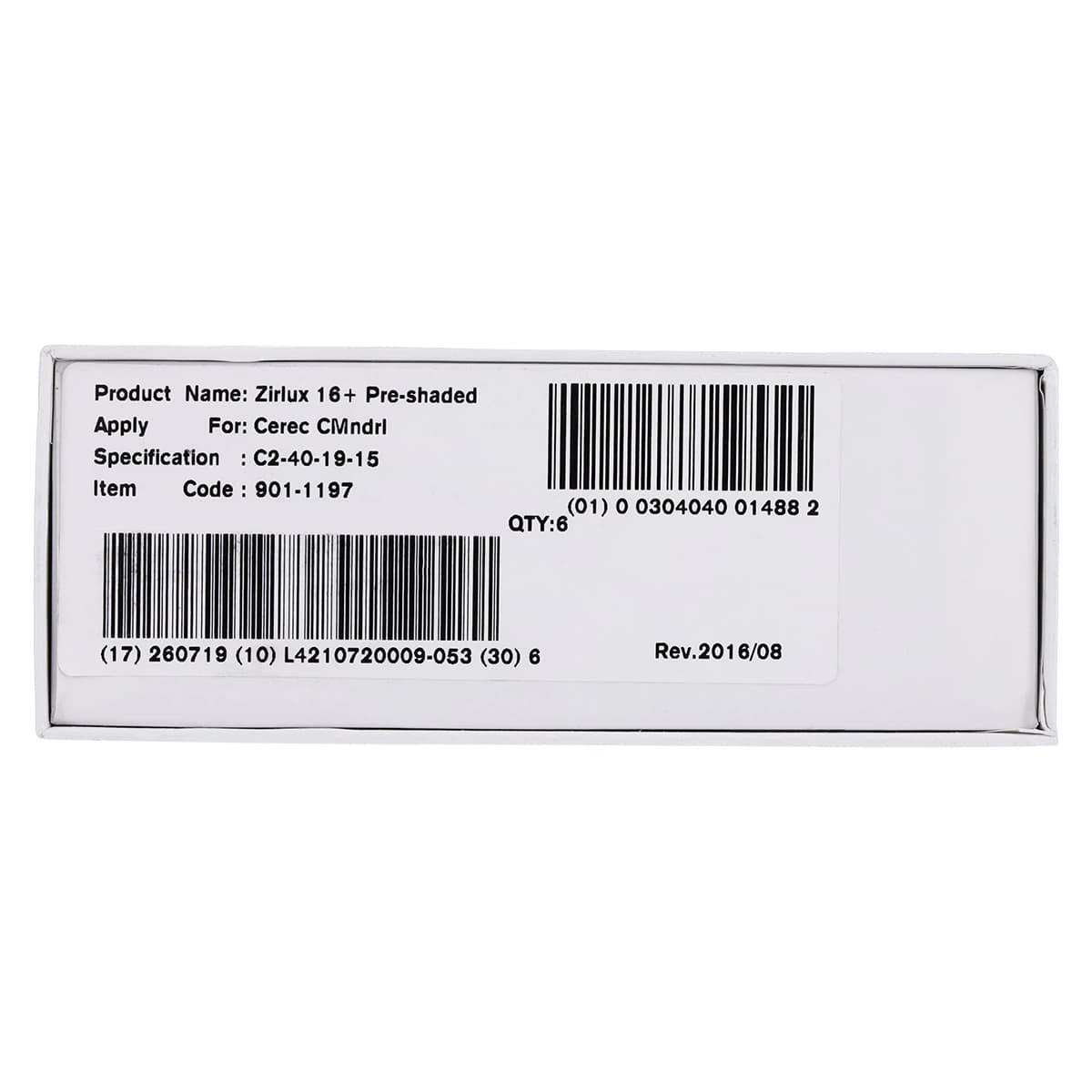 Zirlux 16+ Zirconia Block C2, 40x19x15mm, 6/Package - Zirlux 16+ C2 40x19x15 - Image 1