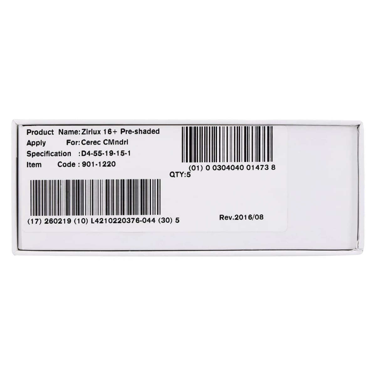 Zirlux 16+ Zirconia Block D4 55x19x15, 5/Package - Zirlux 16+ D4 55x19x15 - Image 1