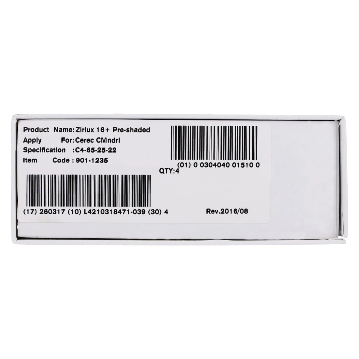 Zirlux 16+ Zirconia Block C4 65x25x22, 4/Package - Zirlux 16+ C4 65x25x22 - Image 1