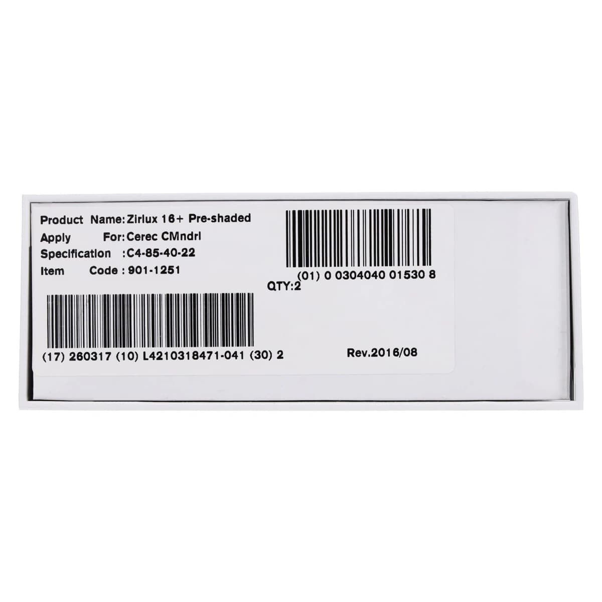Zirlux 16+ Zirconia Block C4 85x40x22, 2/Package - Zirlux 16+ C4 85x40x22 - Image 1