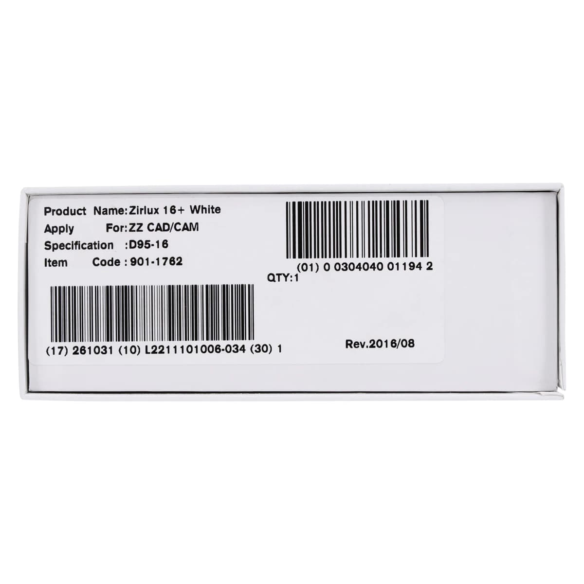 Zirlux 16+ White Zirconia Disc, 95x16mm, Each - Zirlux 16+ White - Image 1