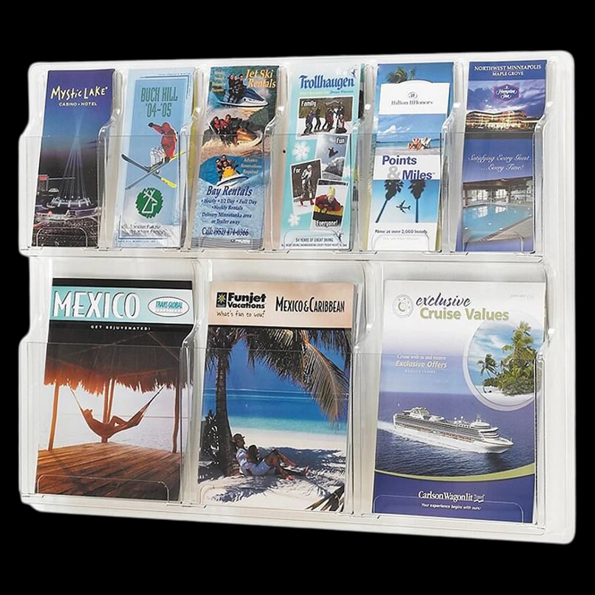 Gould Wall Literature Display, 3 Magazine Pockets / 6 Pamphlet Pockets, Clear Plastic, 30 in, 1/Package - DISPLAY,3MAG,6LFLT,CR - Image 1