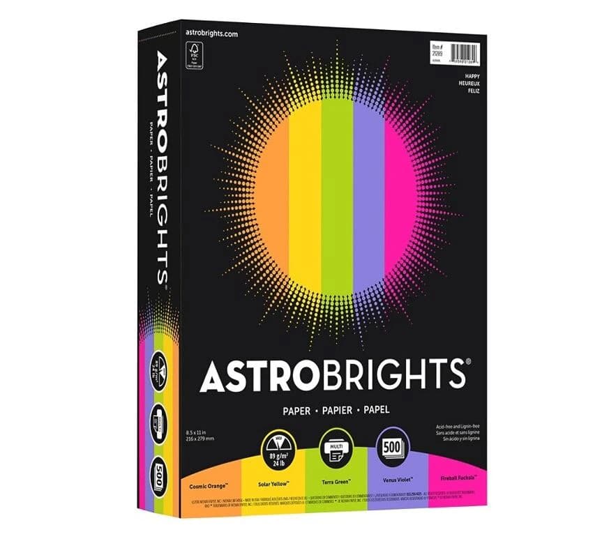 Wausau Papers Astrobrights Paper, Letter Size, 24 lb, Assorted Cosmic Colors, 500/Box - PAPER,ASTRONEON,LTR,24#,A - Image 1