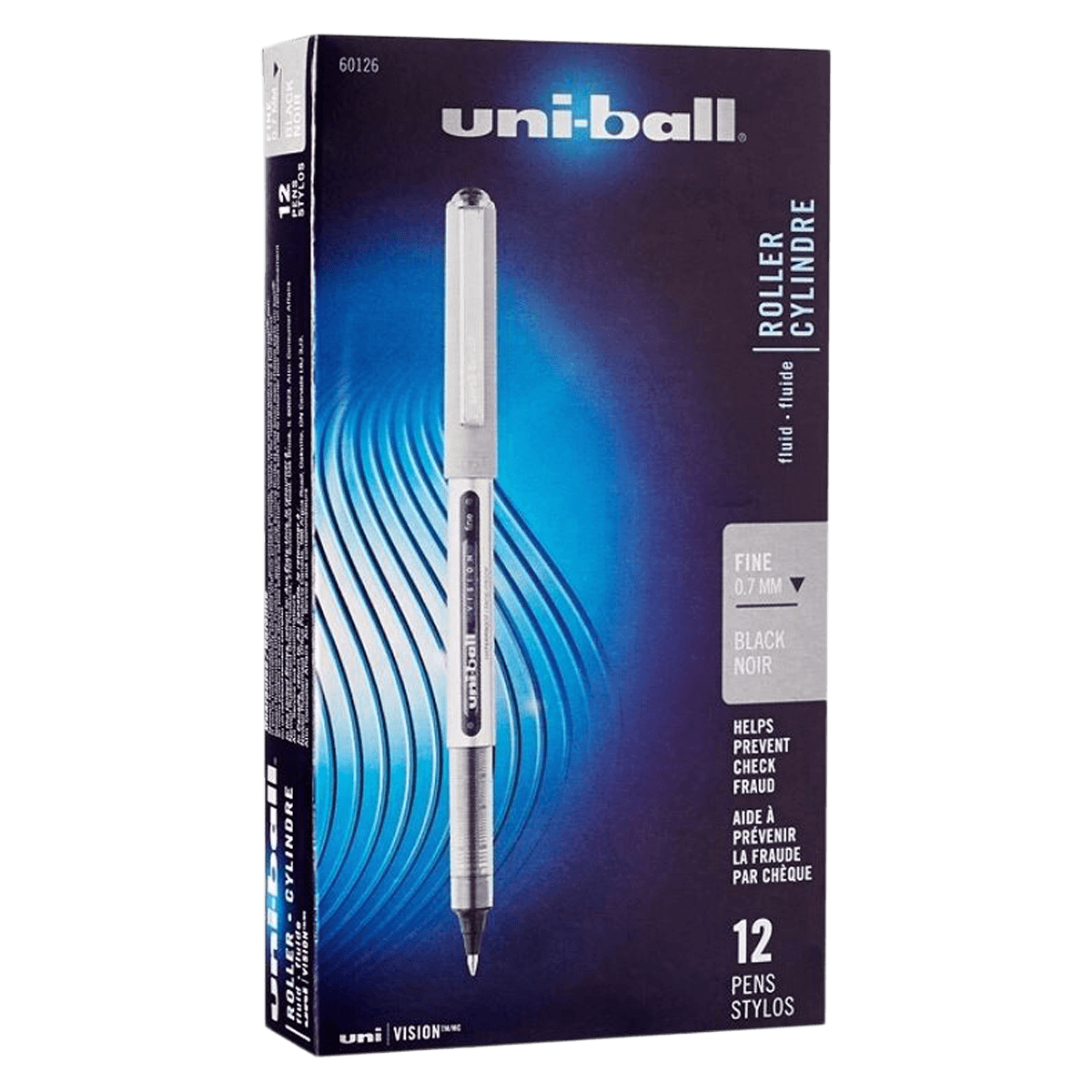 Uni-Ball Vision Rollerball Pen, Fine Point 0.7mm, Black Ink, 12/Pack - Pen Rolrb Uni-Ball Vision - Image 1
