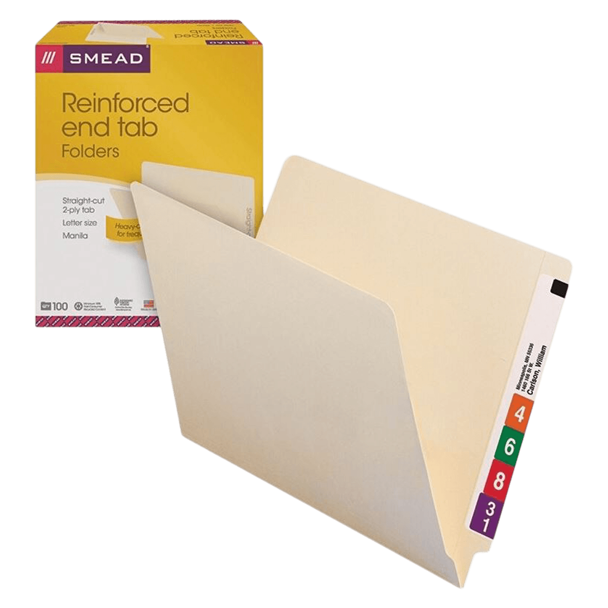Smead Manila Reinforced End-Tab Folder, Straight Cut, Letter Size, 100/Box - Folder Letter End Tab - Image 1