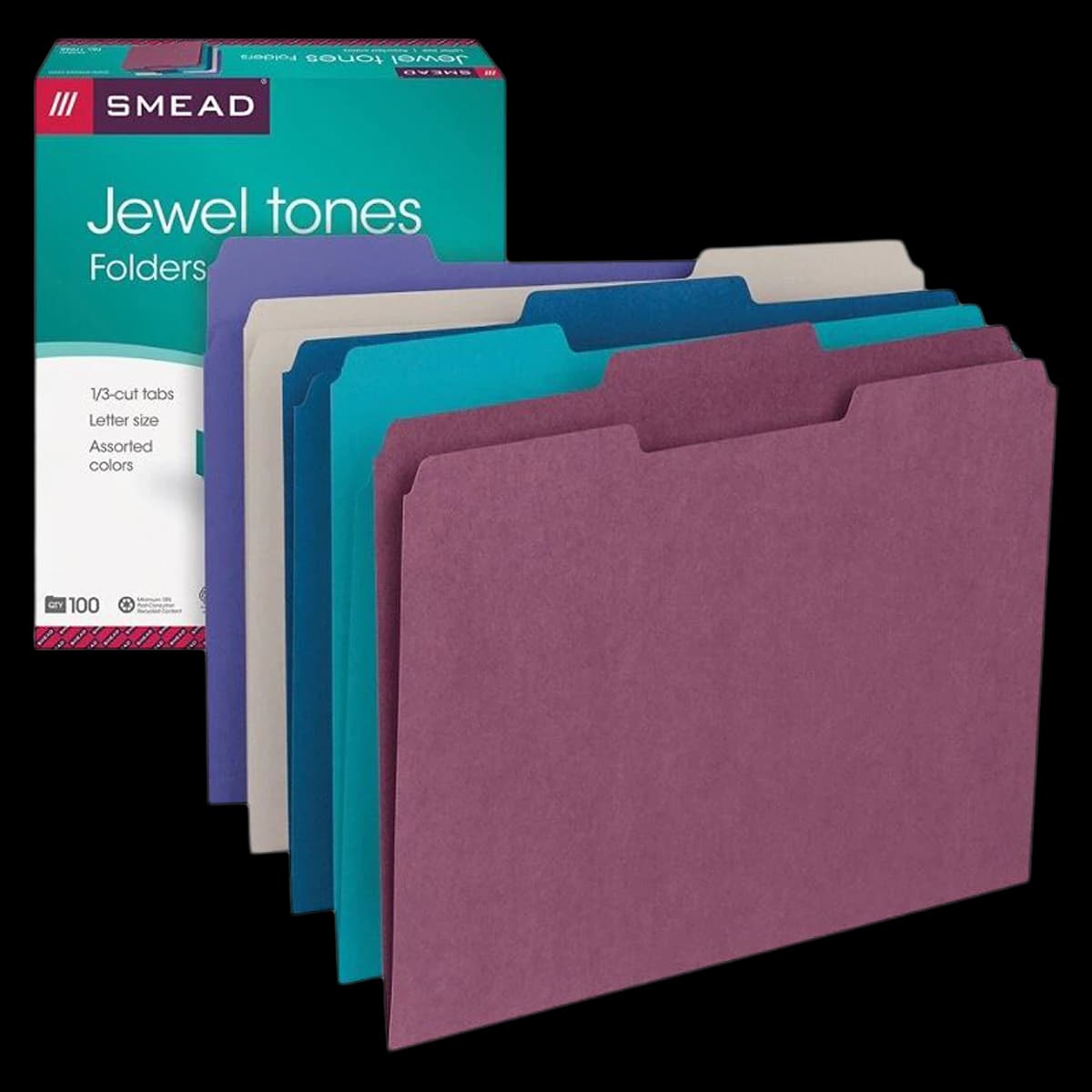 Smead Color File Folders, Letter Size, 1/3 Cut, Jewel Tones, 100/Box - FOLDER,LETTER,ASTD 2,100/ - Image 1