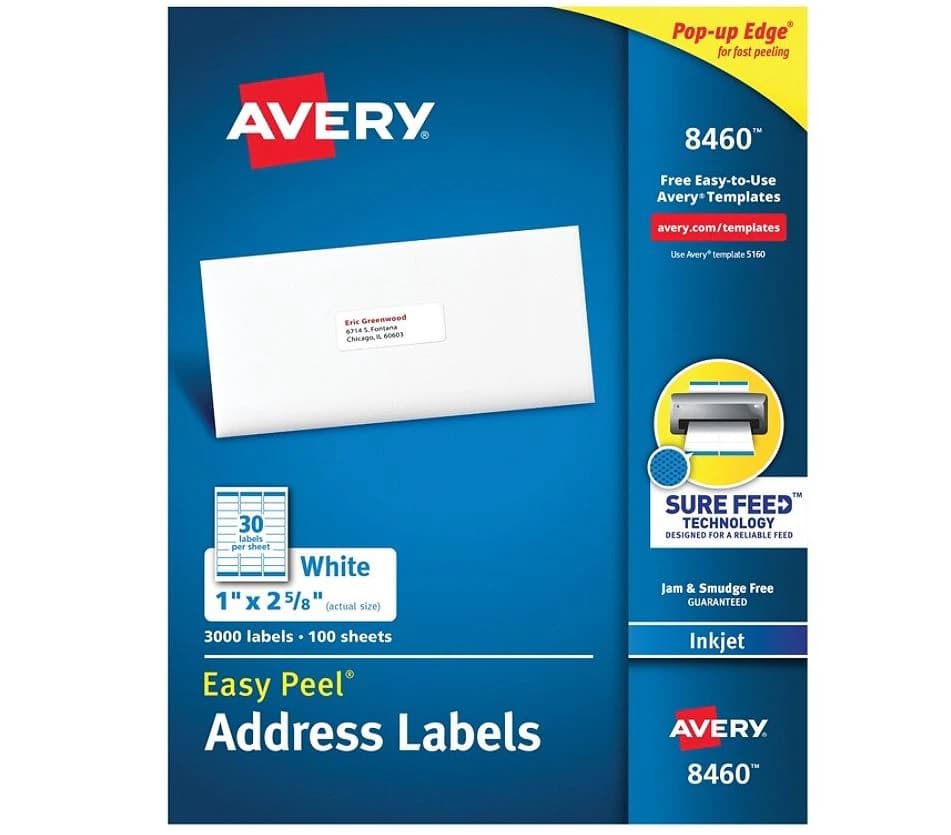 Avery White Inkjet Address Labels, 1" x 2 5/8", 3000/Box - Label Ij Addr Wht 3000ct - Image 1