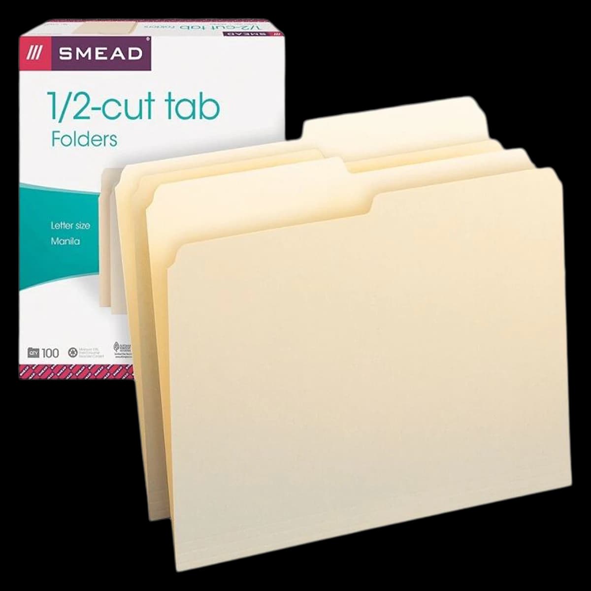 Smead Manila File Folders, Letter Size, 1/2 Cut, 100/Box - Folder File Ltr 1/2 Cut M - Image 1