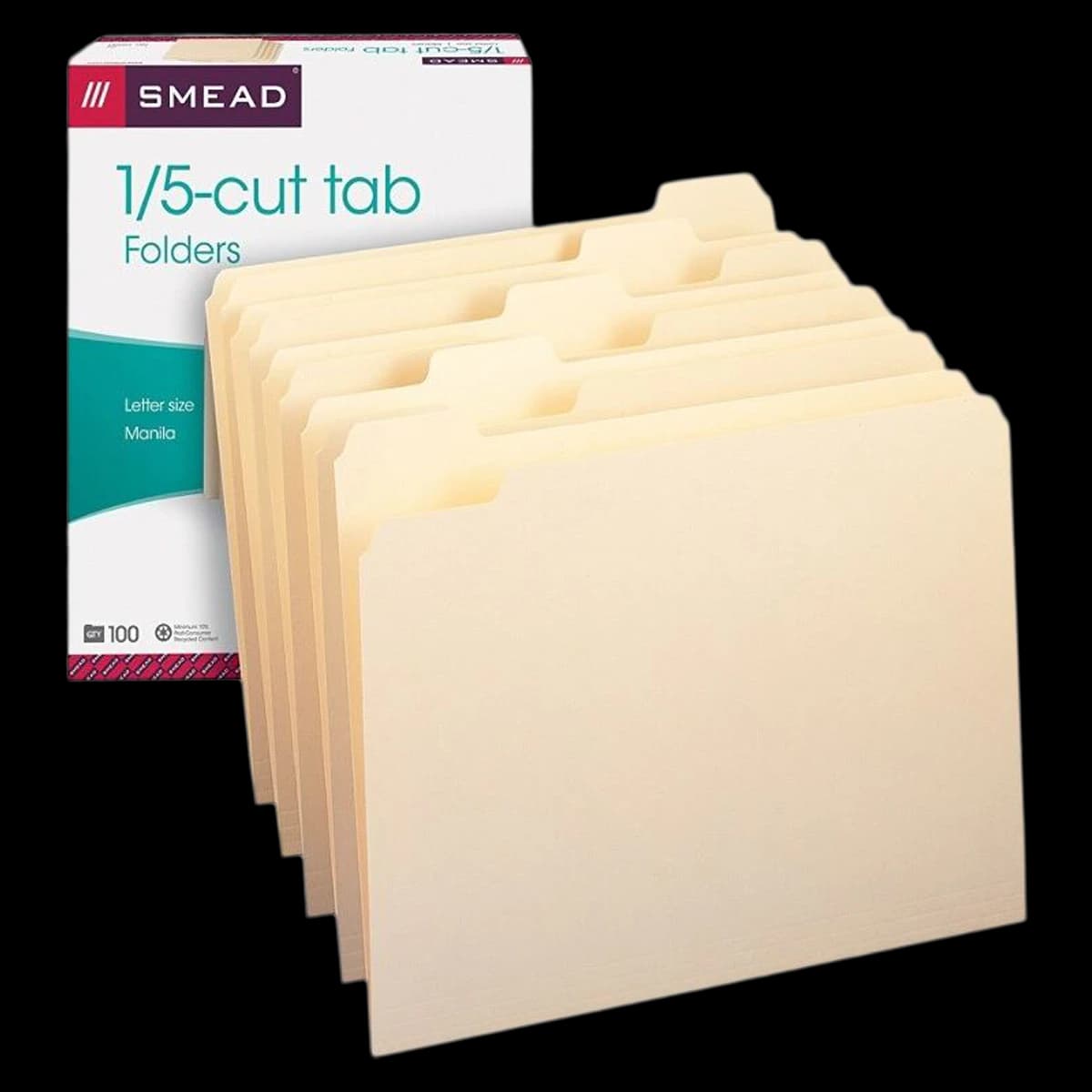 Smead Manila File Folders, Letter Size, 1/5 Cut Tab, 100/Box - Folder File Ltr 1/5 Cut M - Image 1