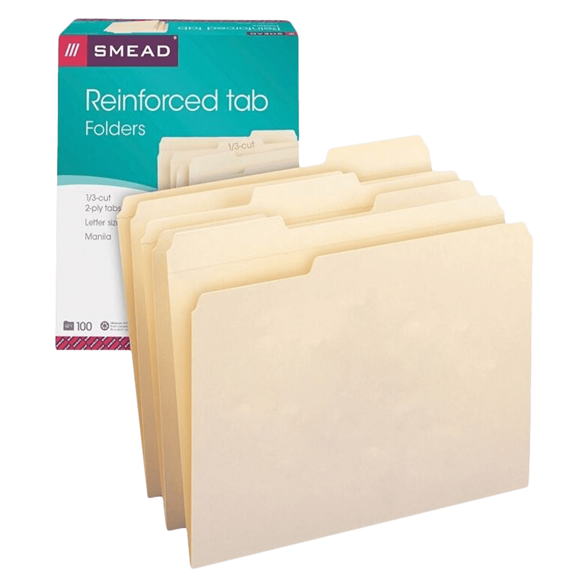 Smead Reinforced Tab Manila File Folder, Letter Size, 1/3 Cut, 100/Box - Folder Letter 1/3 Reinfor - Image 1
