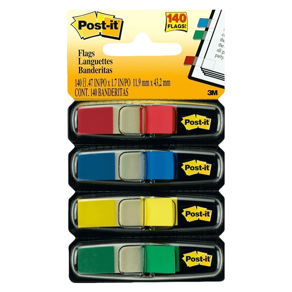 Post-It Flags Small 3/8" x 1.7", Standard Colors, 35 Flags/Pad, 4-Pack - Post-It Flags Sm 140 Ct 4 - Image 1