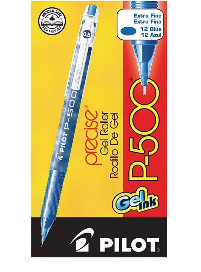 Pilot P-500 Gel Ink Rollerball Pen, Extra Fine 0.5 mm, Blue, 12/Pack - Pen Rollerball P500 - Image 1