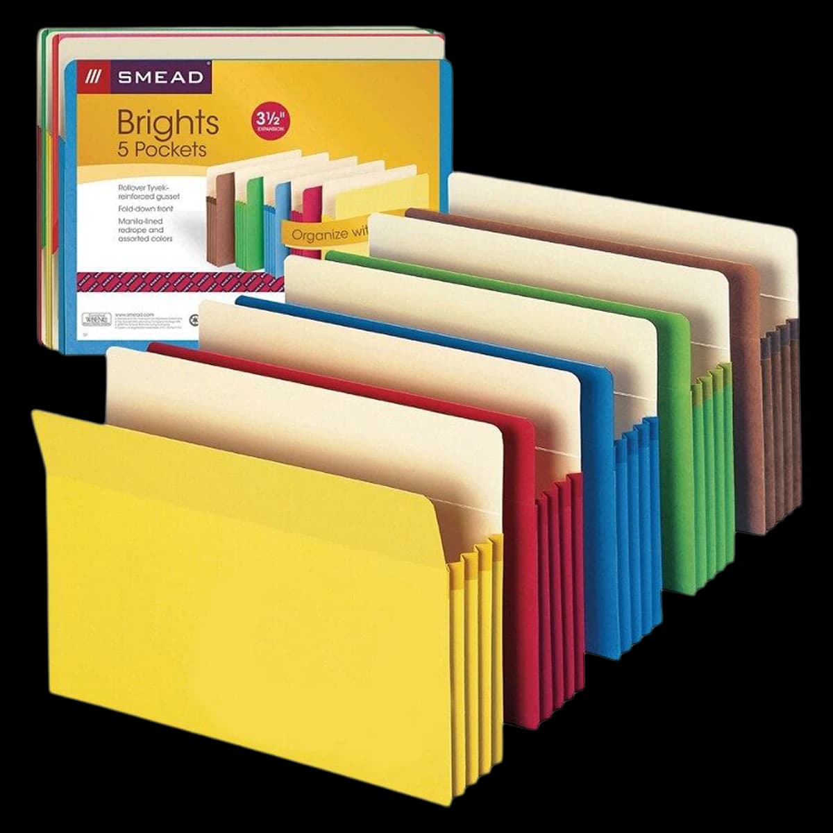 Smead File Pocket, 3.5" Expansion, 9.5" x 11.75", Assorted Colors, 5/Pack - File Pckt 11.75x9.5 - Image 1