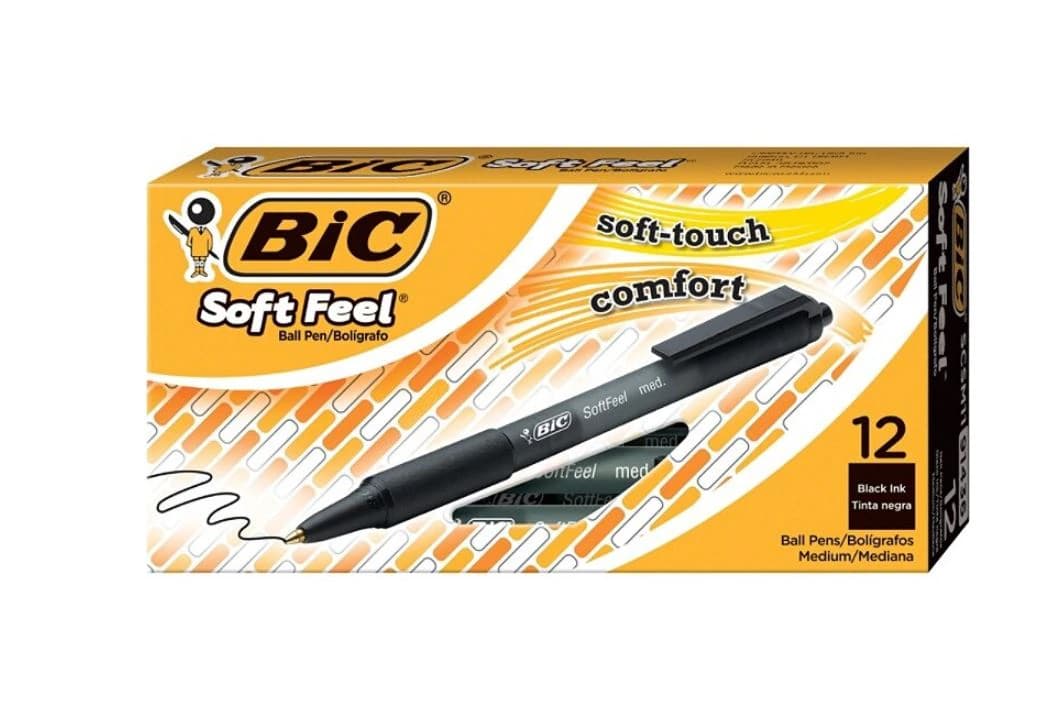 BIC Soft Feel Retractable Ballpoint Pen, Medium Point 1.0mm, Black, 12/Pack - Pen Retractable Softfeel - Image 1