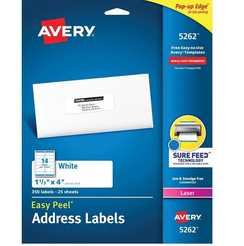 Avery White Laser Address Labels, 1-1/3" x 4", 350 per Box - Label Lsr Addr Wht 350ct - Image 1