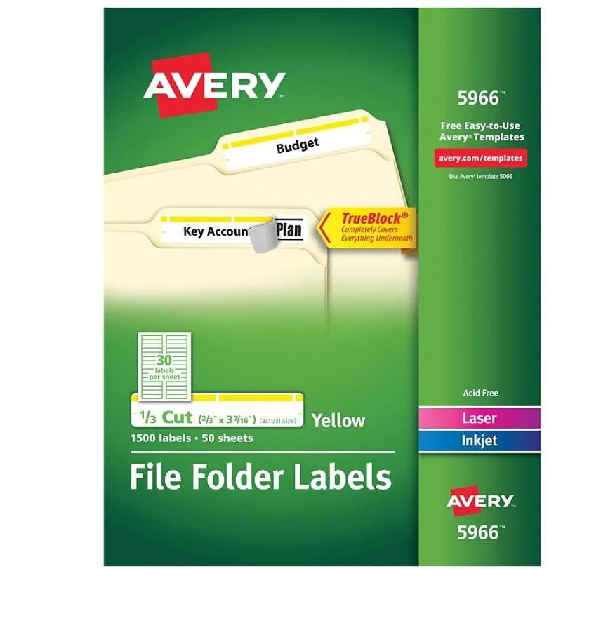 Avery Permanent File Folder Labels, 2/3" x 3-7/16", Yellow, 1500/Box - Label Lsr File Yellow 150 - Image 1