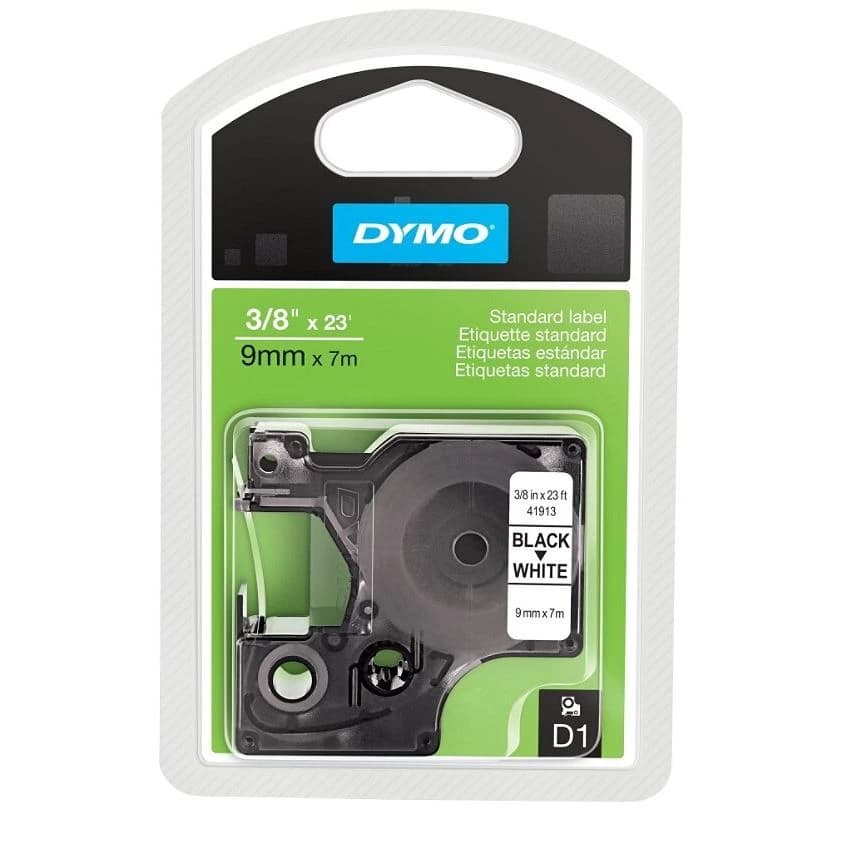 DYMO D1 Black-On-White Label Tape, 3/8 in x 23 ft, 41913 - 3/8 BLACK/WHITE TAPE - Image 1