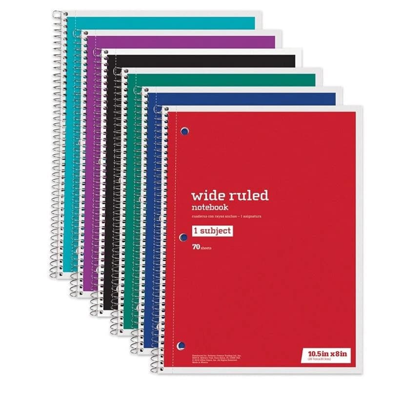 Spiral Notebook, 1 Subject, 8" x 10.5", Wide Ruled, 70 Sheets, Assorted Colors, 6/Pack - Spiral Notebook 1Subj 8"x10.5" - Image 1