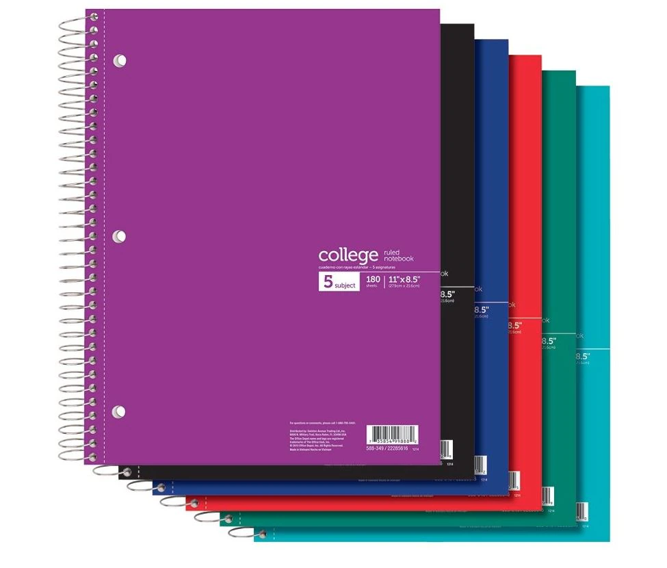 Office Depot Spiral Notebook, 5 Subjects, College Ruled, 180 Pages, 8.5" x 11", Assorted Colors - Spiral Notebook 5Subjs 180Pg - Image 1