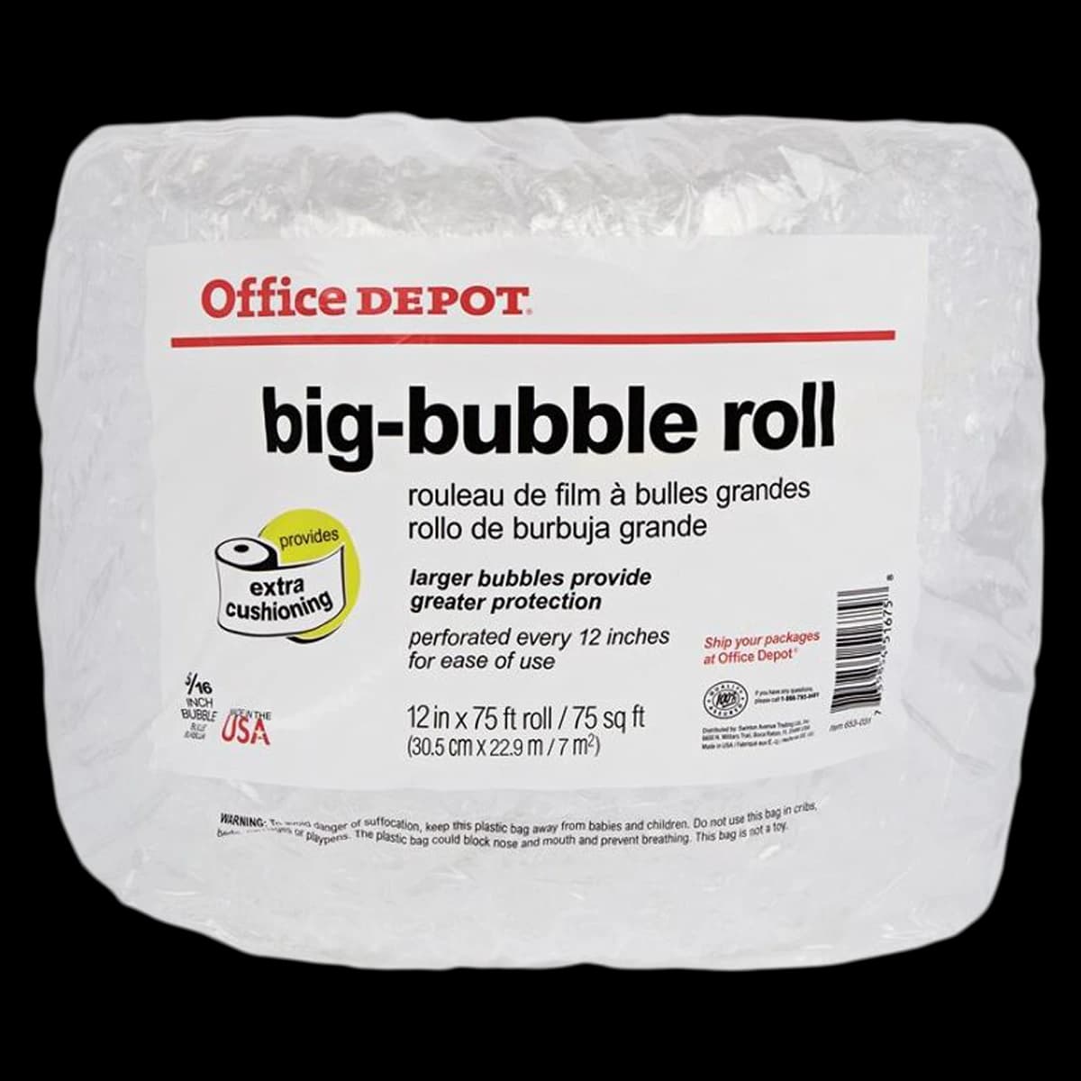 Office Depot Brand Cushion Bubble Roll, 5/16" Thick, Clear, 12" x 75' - Cushion Bubble 5/16in - Image 1