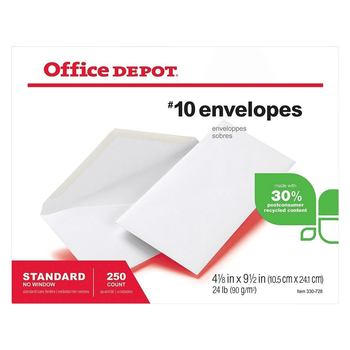 Office Depot Recycled White Wove Envelopes #10, 4 1/8 x 9 1/2 in, 250/Box - Rcycld White Wove Envlp #10 - Image 1
