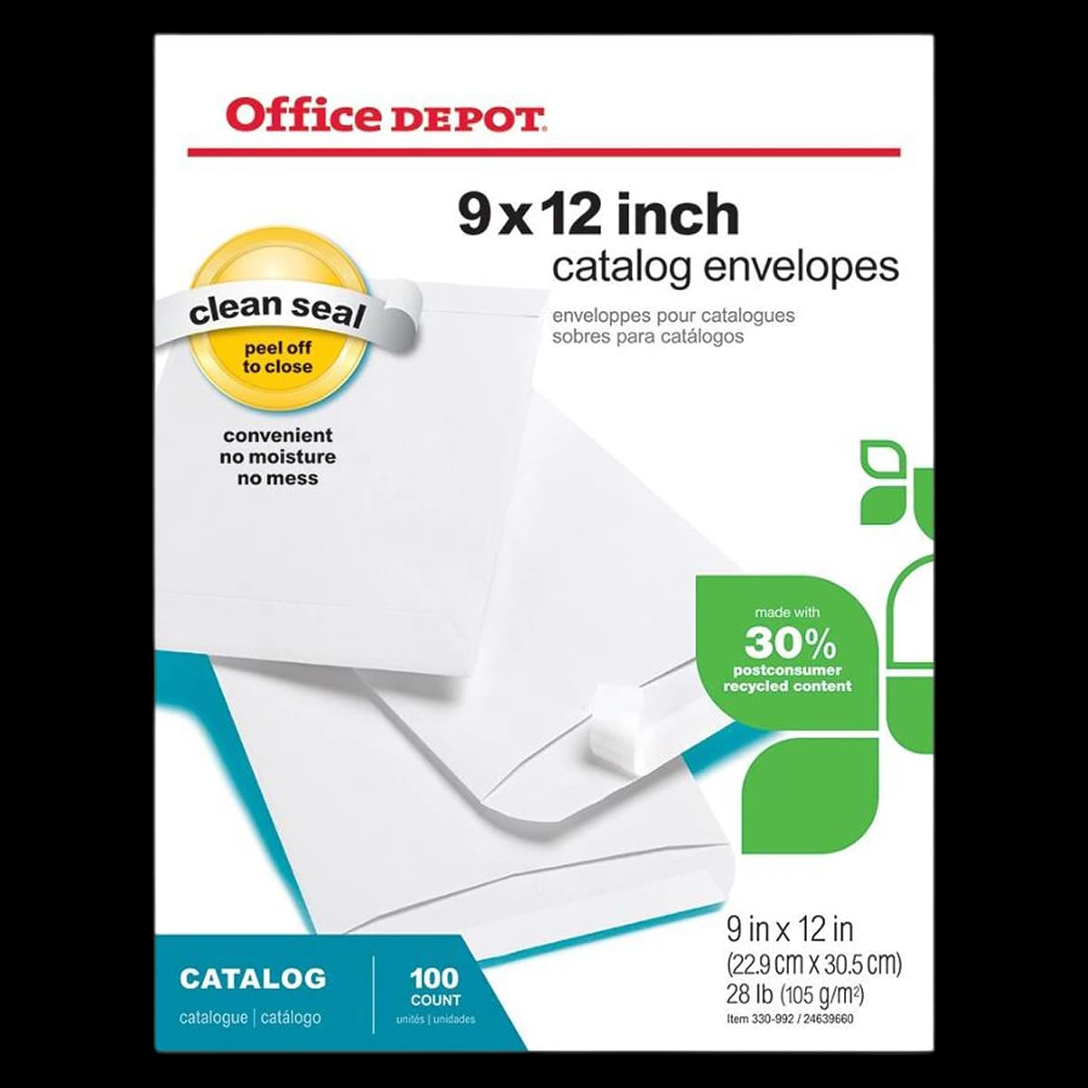 Office Depot Brand Catalog Envelopes, Clean Seal, 9x12 in, White, 100/Box - Office Depot Brand Catalog Envelopes, Clean Seal - Image 1