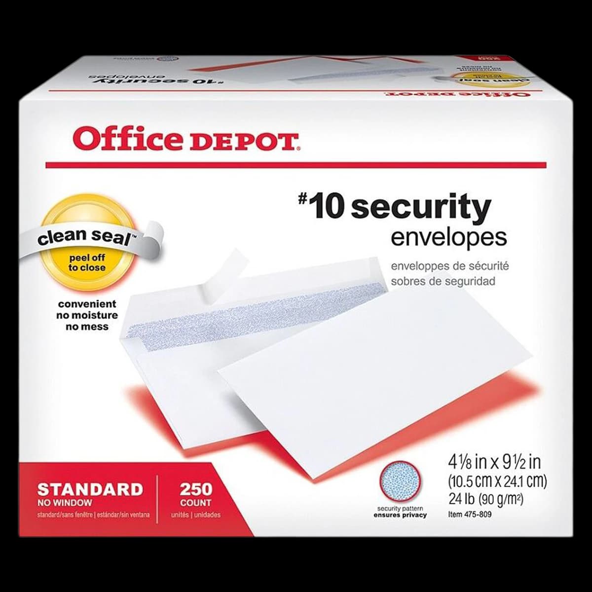 Clean-Seal #10 Security Envelopes, White, 4.125 x 9.5 in, 250/Box - Clean-Seal #10 Sec Env White - Image 1