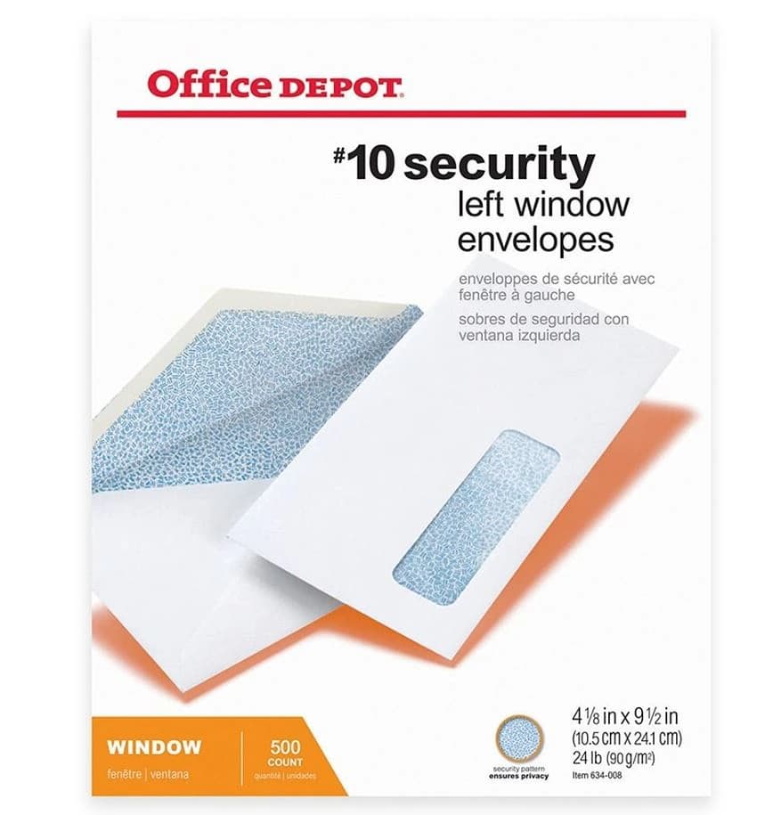 Security Window Envelopes #10, 4 1/8" x 9 1/2", White, 500/Box - Security Envlps #10 4 1/8x9.5 - Image 1