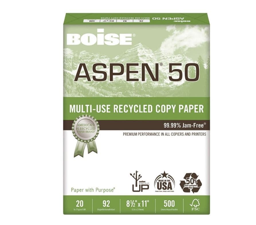 Boise Aspen 50% Recycled Copy Paper, 8.5" x 11", 20 lb, 500 Sheets/Ream, 01KWC87QESMNJB47JY6RHRANHC - Paper Aspen 50% Rec 11" Ream - Image 1