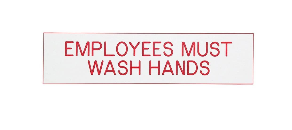 Employees Must Wash Hands Acrylic Sign, White with Red Text, 2x8 inches - Sign Emp Mst Wsh Hnds 2x8 - Image 1