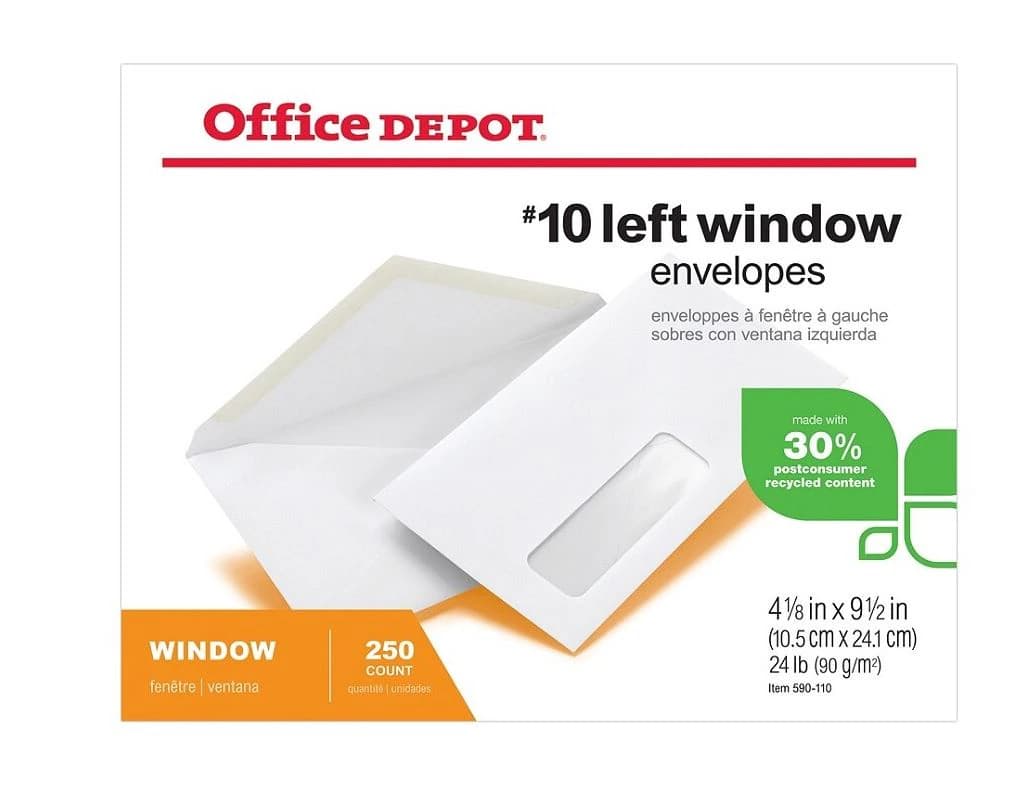 Envelope #10 Rectangular Window, Bottom Left, White, 4 1/8 x 9.5 in, 250/Pack - Envelope #10 Rec Wndw - Image 1