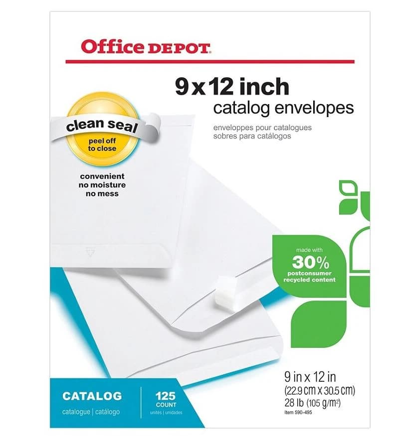 Office Depot Brand Clean Seal Catalog Envelopes, 9 x 12 in, White, 125/Box - Office Depot Brand Catalog Envelopes - Image 1