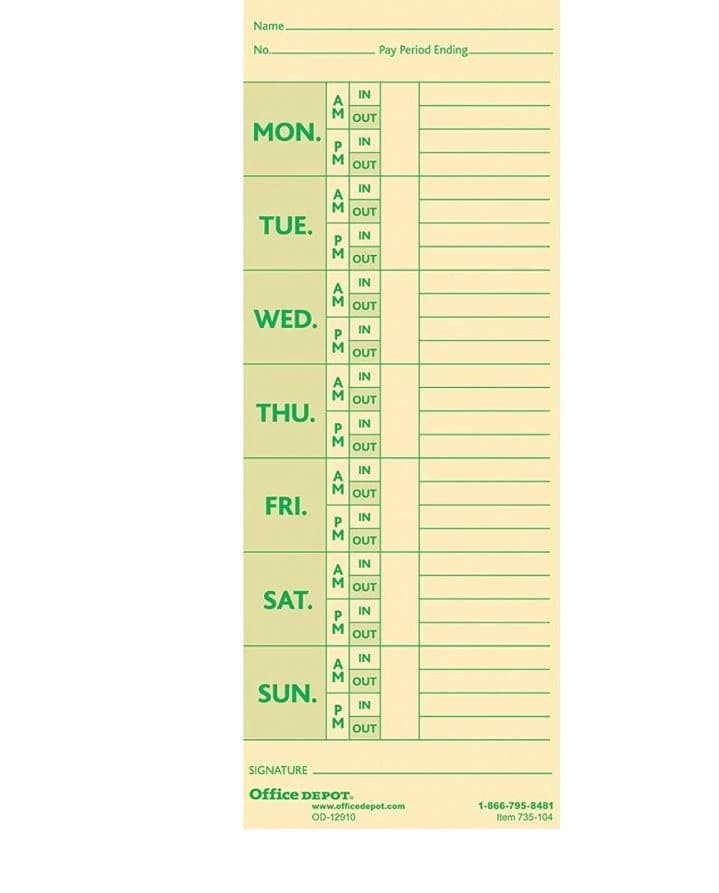 Office Depot Business Services Timecard Weekly Monday-Sunday Format, 2-Sided Manila, 100/Pack - Timecard Wk M-S 2/S - Image 1