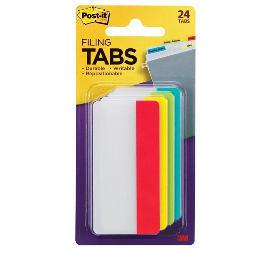 Post-it Durable Filing Tabs, 3 in x 1.5 in, Assorted Colors, 6 Flags/Pad, 4 Pads/Pack, 24 Tabs/Package - Tabs Post-It Durable Asst - Image 1