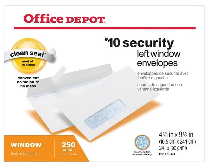 Envelope #10 Security Window, 4 1/8 x 9.5 in, White, 250/Box - Envelope #10 Security S/S - Image 1