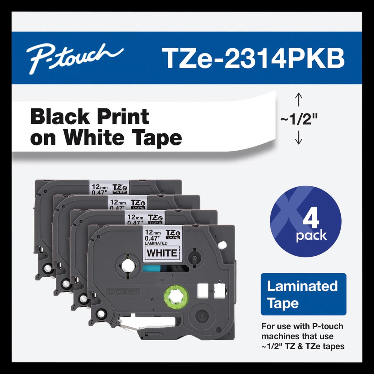 Brother P-Touch TZe-231 Label Tape, 1/2" x 26-1/4', White/Black, 4/Pack - Brother P-Touch Label Tp - Image 1