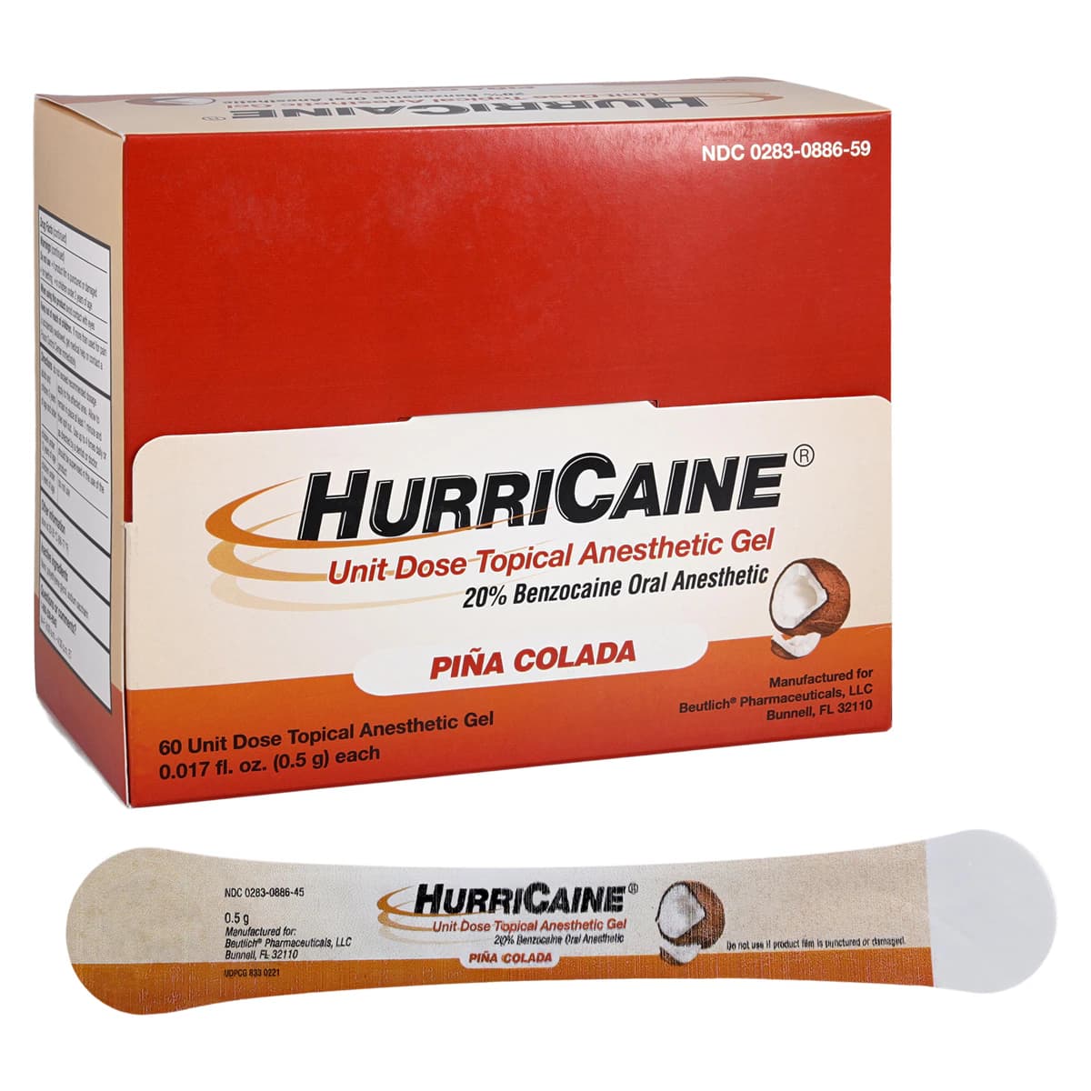 HurriCaine Topical Anesthetic Gel Unit Dose, Pina Colada, 20% Benzocaine, 4 x 1.2g Prefilled Syringes with Tips, 60/Box - -Topical Anesthetic Gel Unit Dose Pina Colada (60) - Image 1