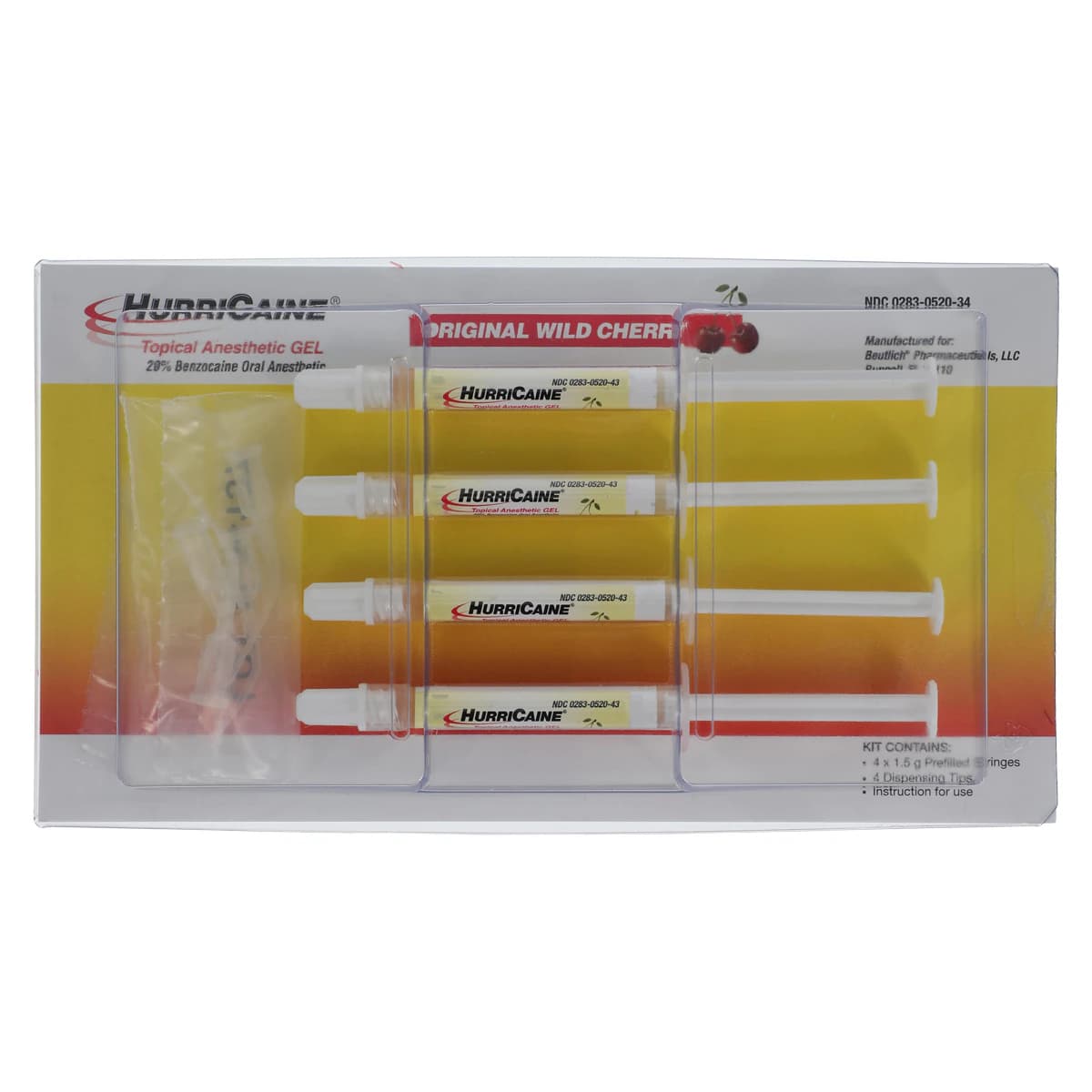 HurriCaine Topical Anesthetic Gel Unit Dose Syringe, Cherry, 20% Benzocaine, 1.2g, 4/Pk - -Topical Anesthetic Gel Unit Dose Syr Cherry 1.2g(4 - Image 1