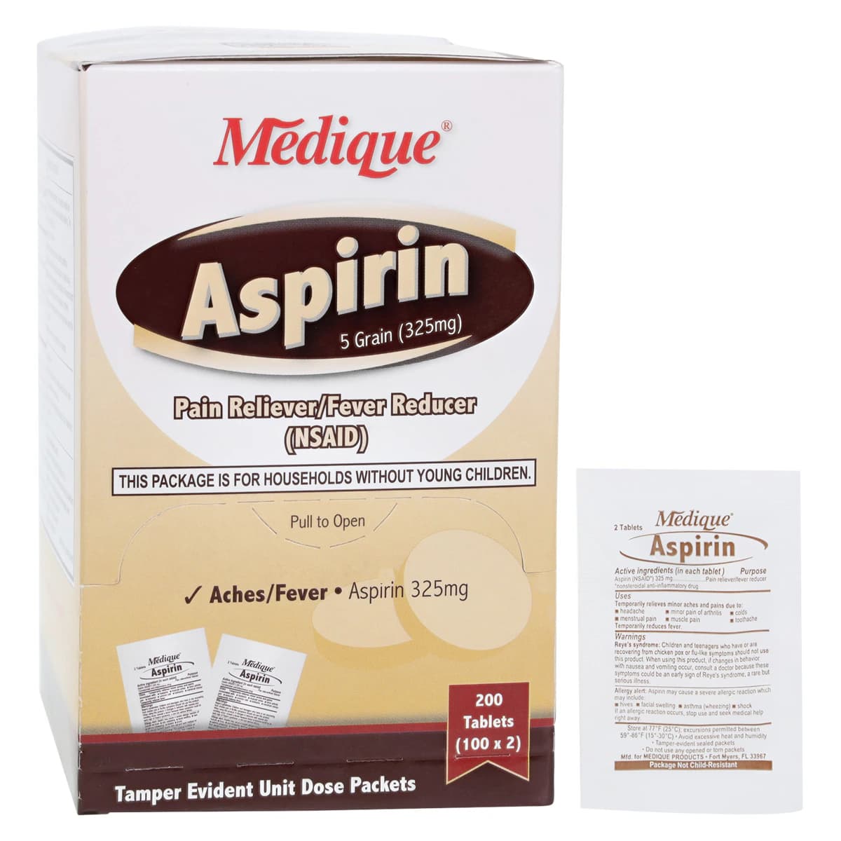 Medique Aspirin Tablets 325mg, Unit Dose Packets, 100 Packets of 2 Tablets per Box thumbnail 2