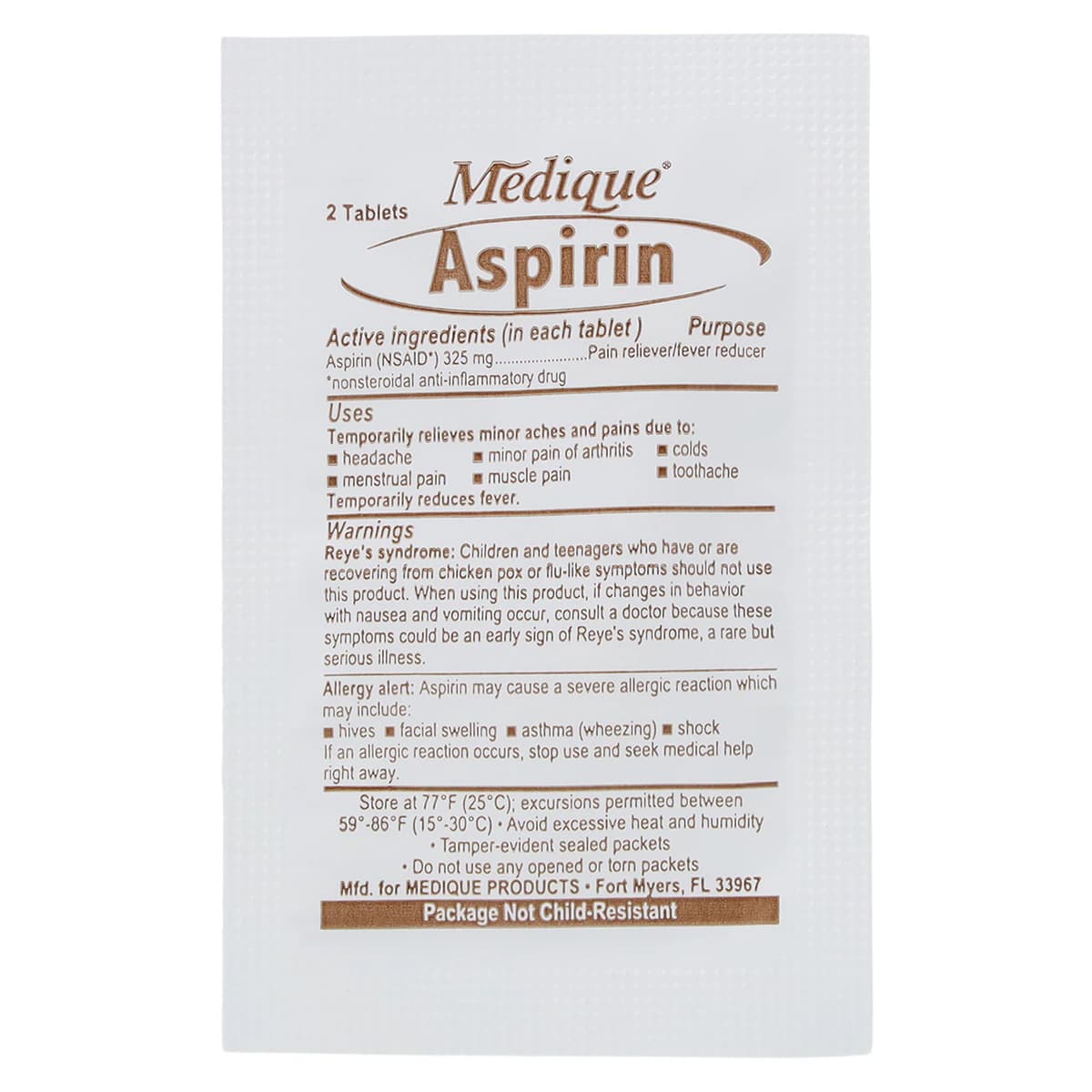 Medique Aspirin Tablets 325mg, Unit Dose Packets, 100 Packets of 2 Tablets per Box thumbnail 3