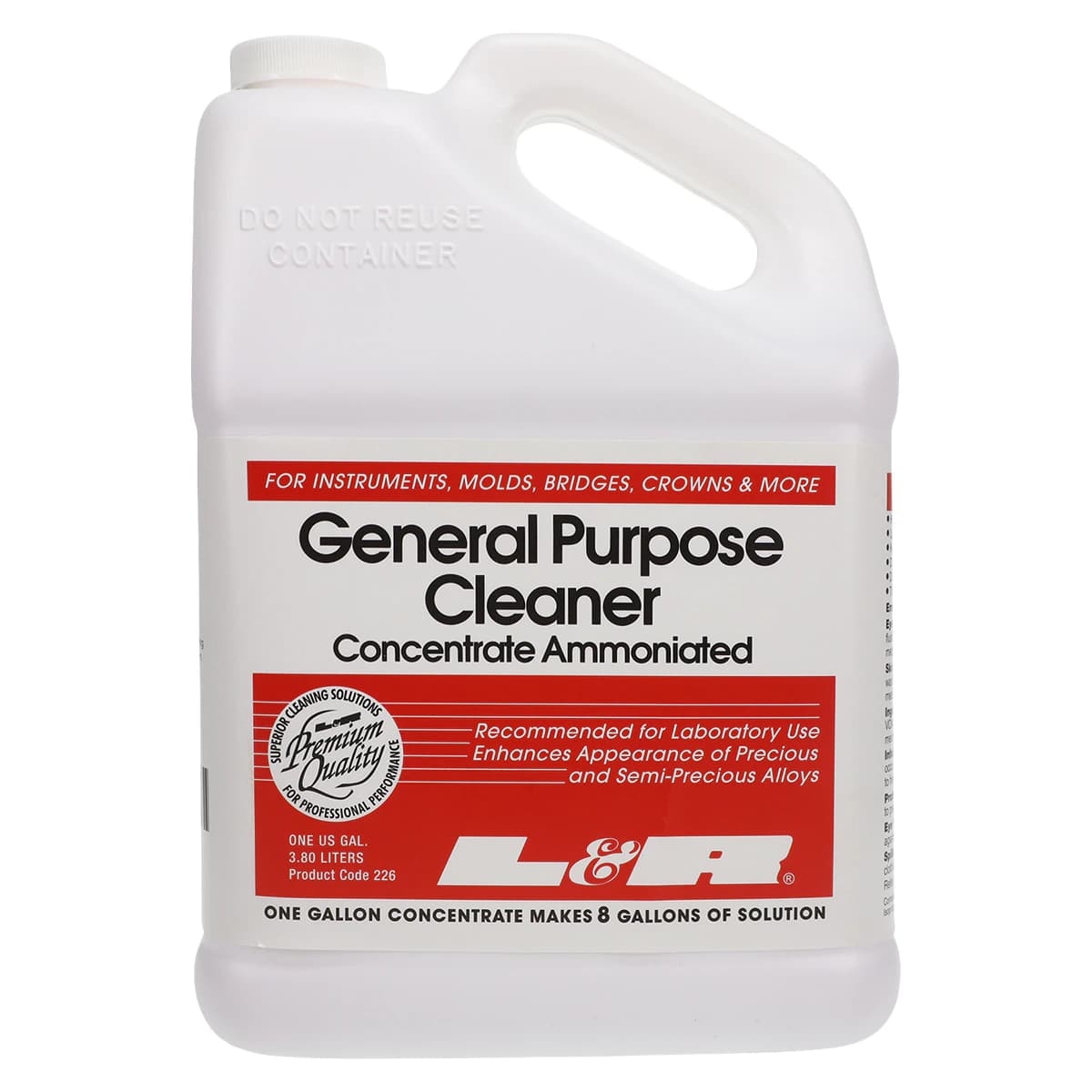 L&R Ultrasonics General Purpose Ammoniated Ultrasonic Cleaning Solution, 1 Gallon Bottle, 226 - Ultrasonic Cleaning Solutions – General Purpose Cleaner Ammoniated, 1 Gallon Bottle - Ultrasonic Cleaning Solutions – General Purpose Cleaner Ammoniated, 1 Gallon Bottle - Image 1