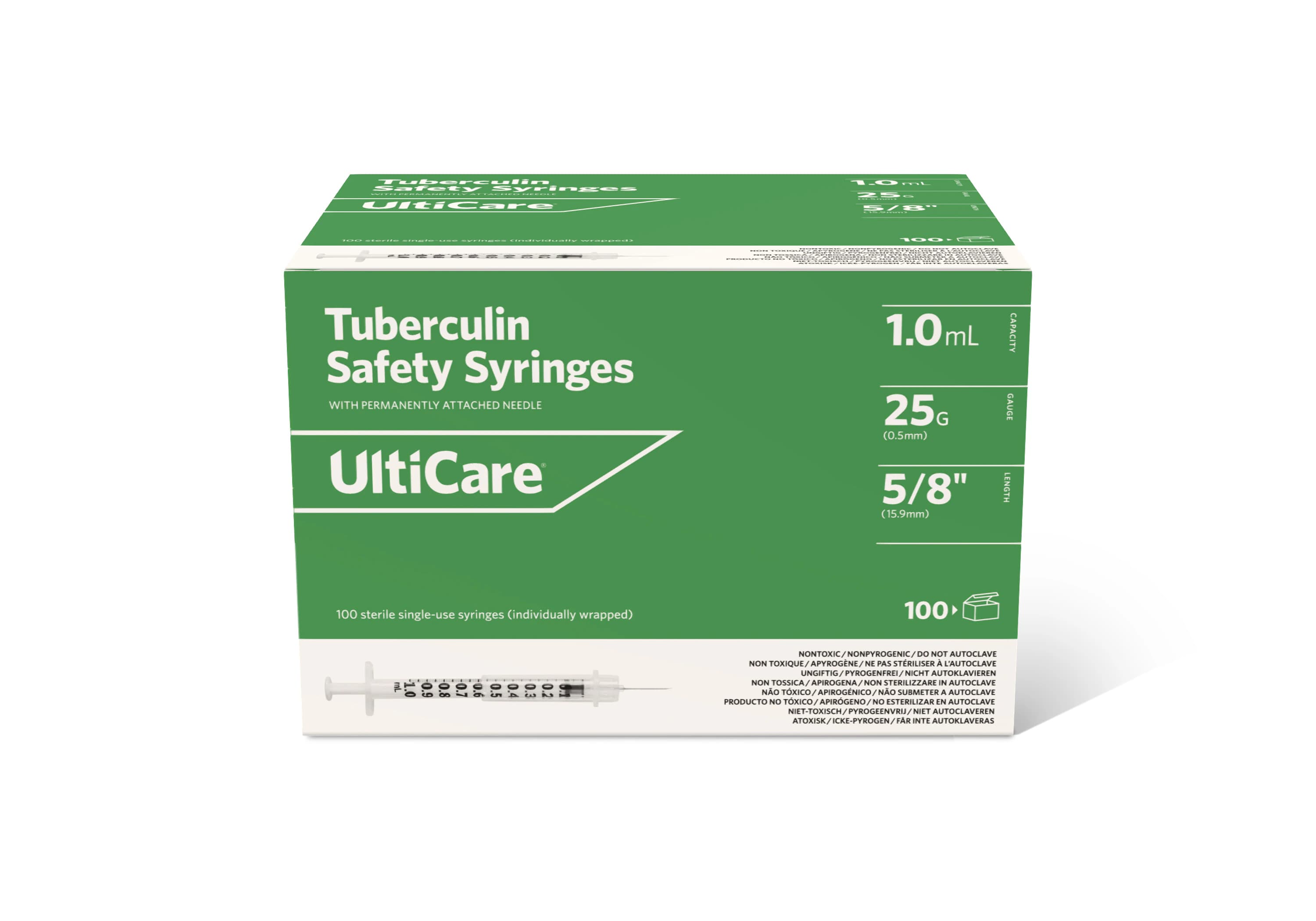 Ultimed Safety Syringe, Fixed Needle, Tuberculin, 1mL, 25G x 5/8", Box of 100 - Ultimed Safety Syringe, Fixed Needle, Tuberculin, 1mL, 25G x 5/8", box of 100 - Image 1