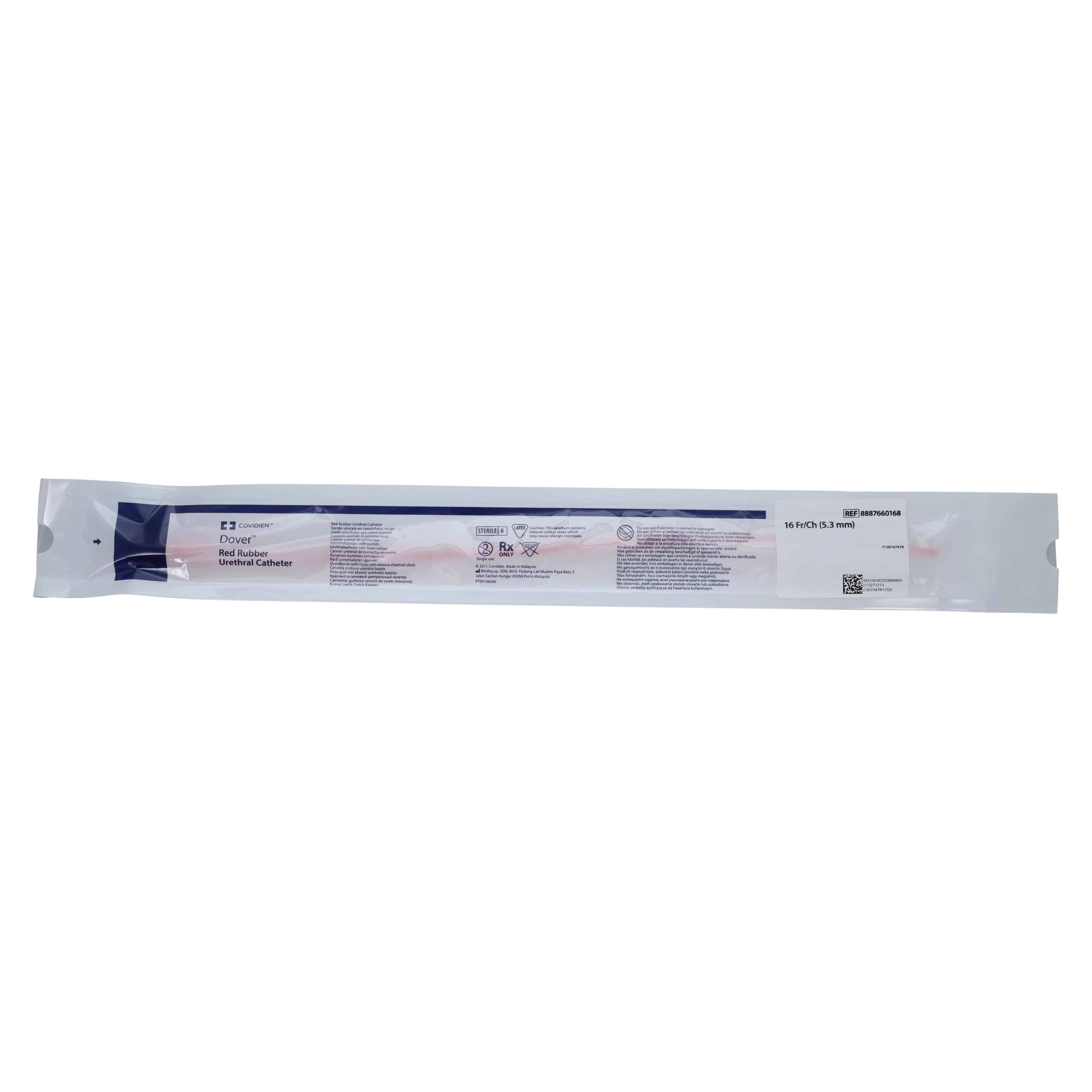 Cardinal Dover Robinson Intermittent Catheter, Sterile, Red Rubber, Rounded Tip, 16Fr - Cath Red Rubber Sterile - Image 1