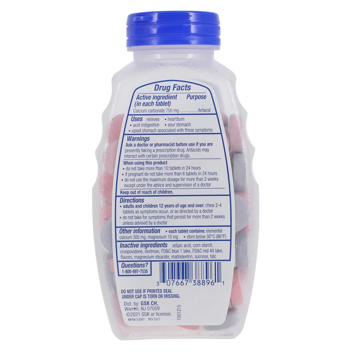 Tums-EX Antacid Chewable Tablets, 750mg, Assorted Berries, 96/Bottle thumbnail 2