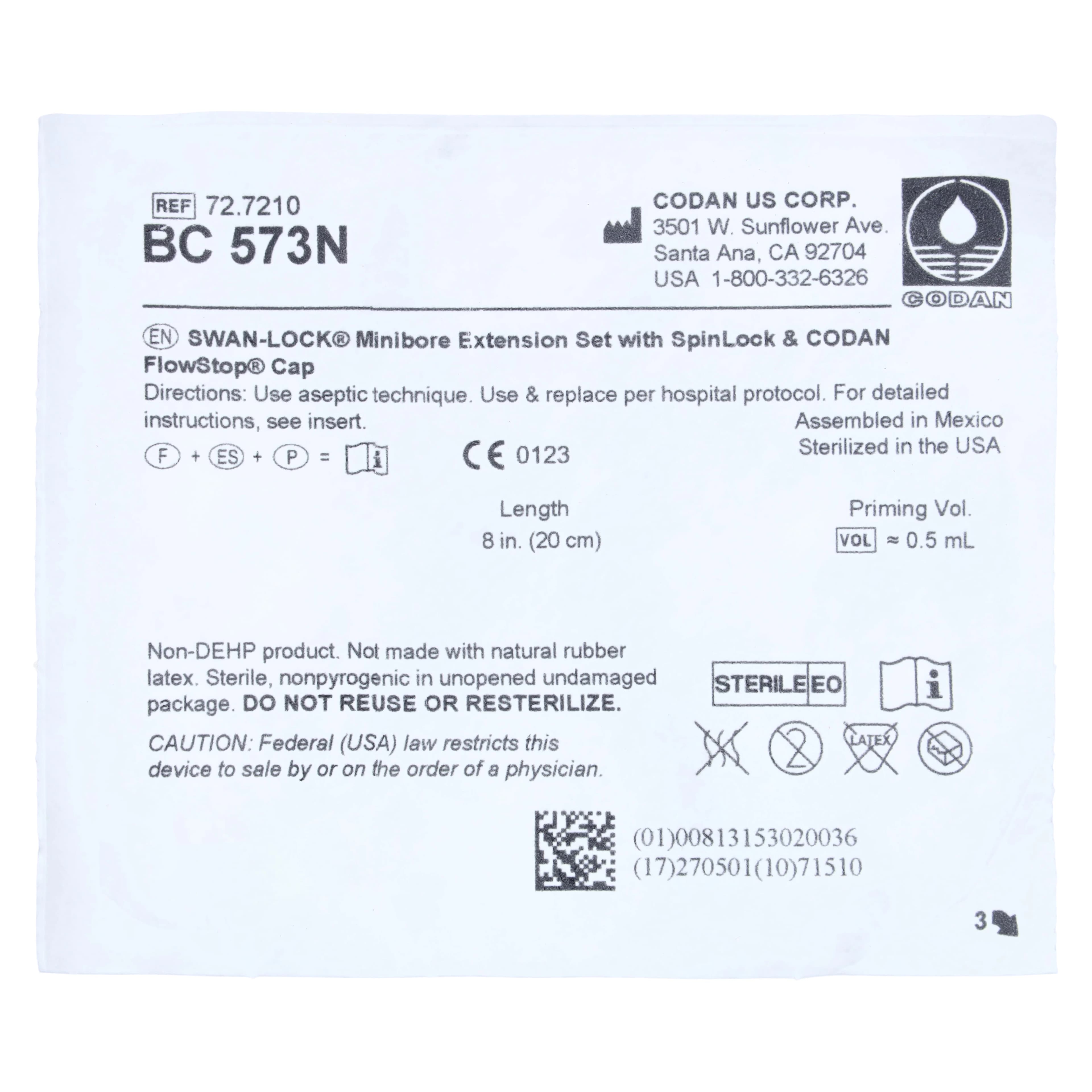 Codan Minibore IV Extension Set, Needleless Swanlok, 9" (23 cm), Female Luer Lock/Spin Connector, Priming Volume 0.4 mL, 50/Case - Minibore Ext Set Swanlock - Image 1