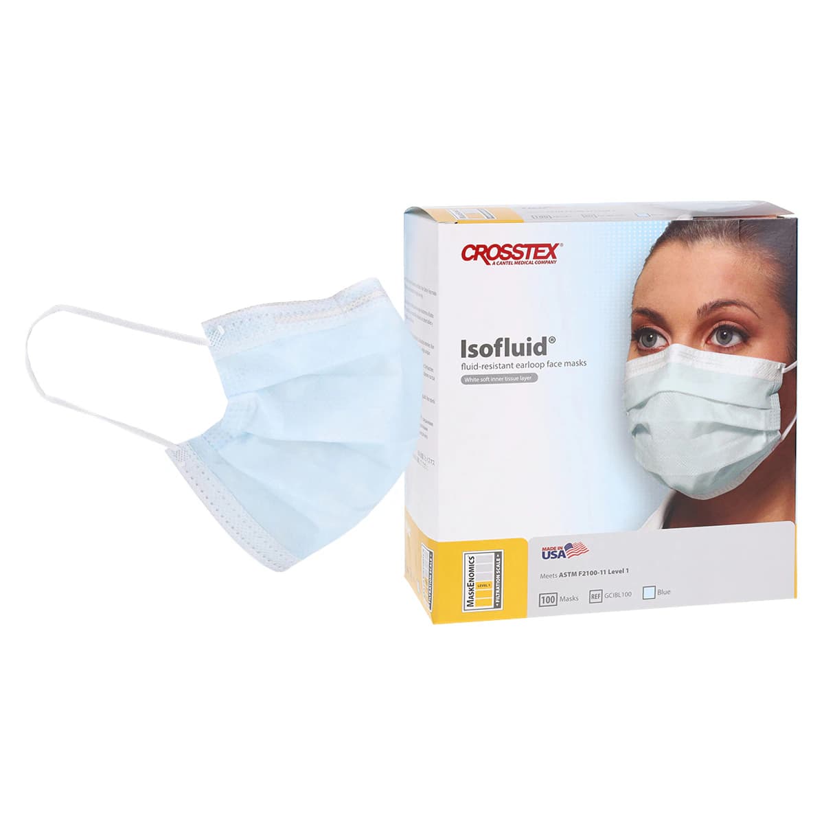 Crosstex Isofluid Earloop Face Masks, ASTM Level 1, Blue, 100/Box, GCIBL100 thumbnail 2