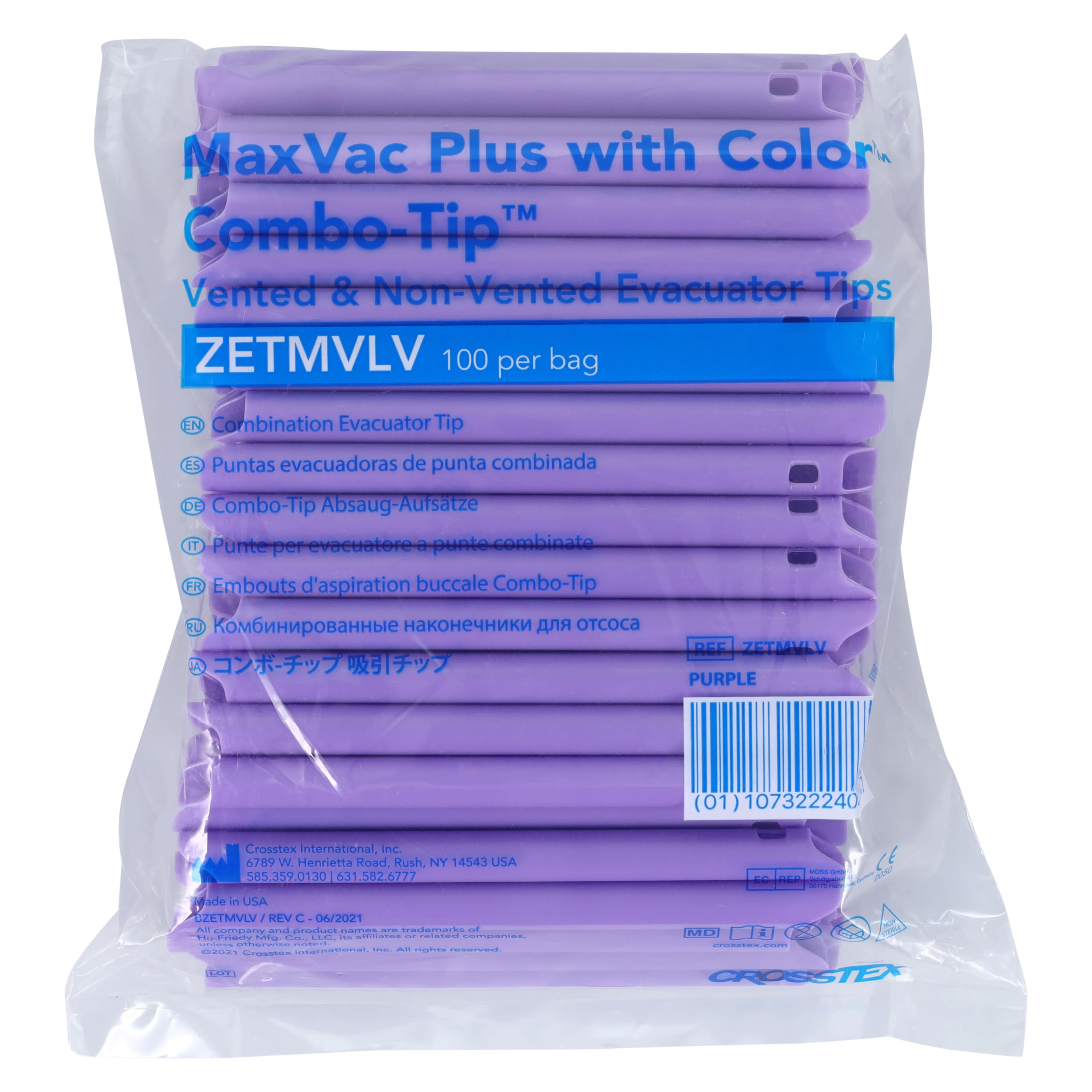 Crosstex MaxVac Plus Combo-Tip High-Volume Evacuator Tips, Vented/Non-Vented, Purple, 100/Pk, ZETMVLV - MaxVac Plus, High-Volume Evacuator Tips, Purple, 100/Pk, ZETMVLV - Image 1